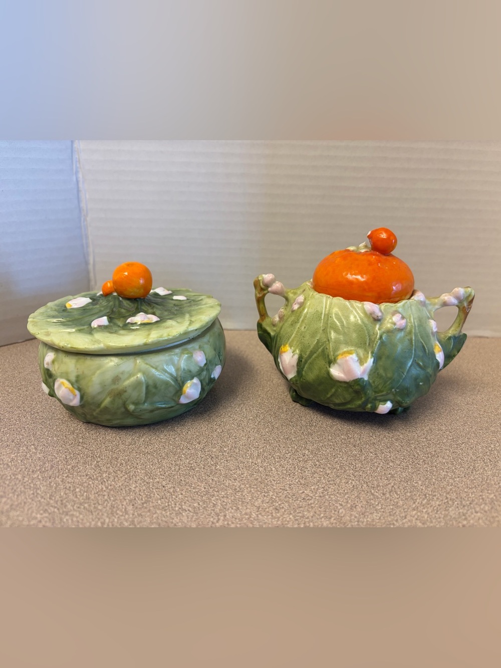Hand-Painted Ceramic Green Leaf and Orange Fruit Decorative Trinket Set